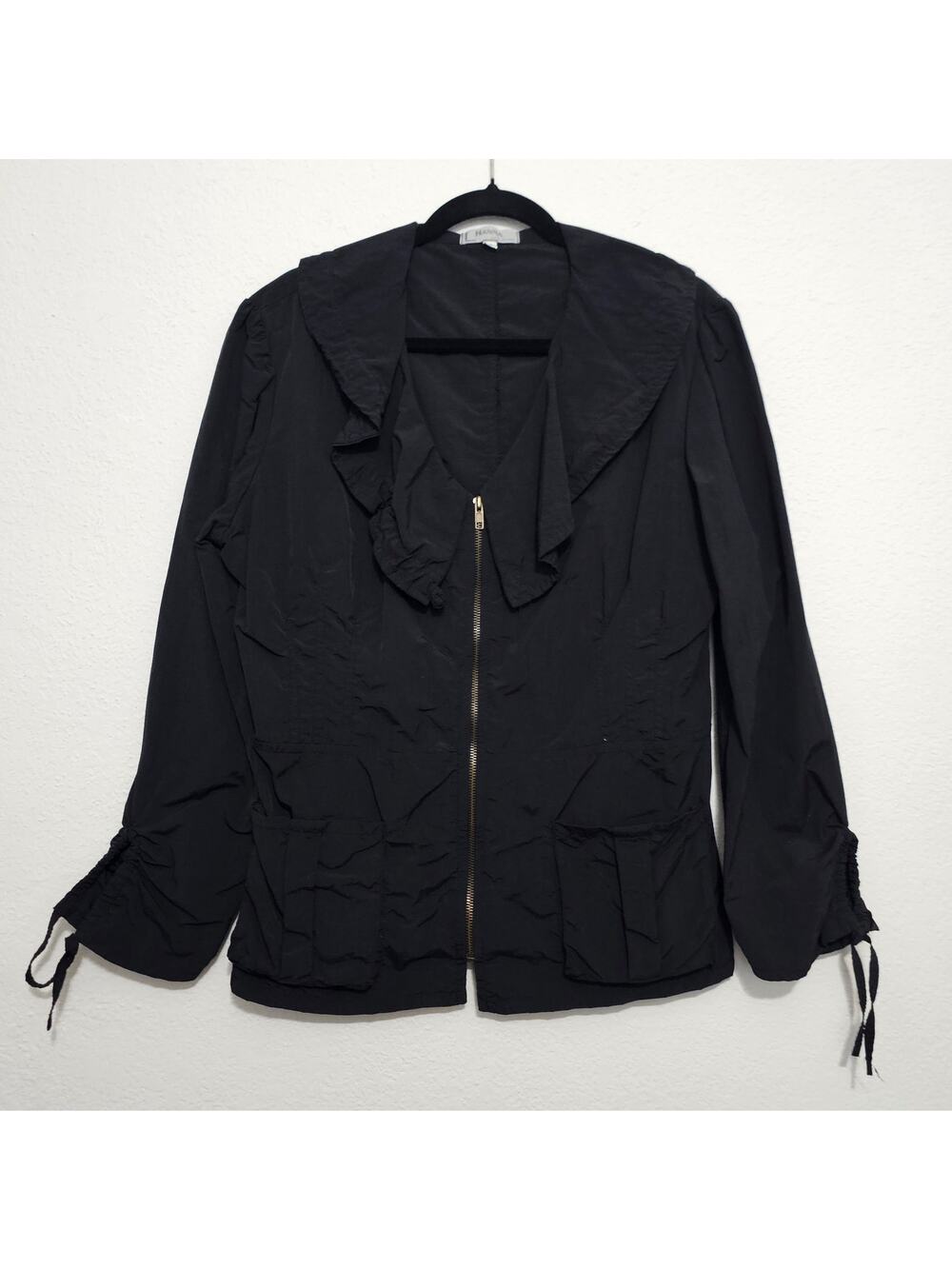 Hanna for La Journee Black Nylon Zip Up Jacket Crinkle Classic Elegant